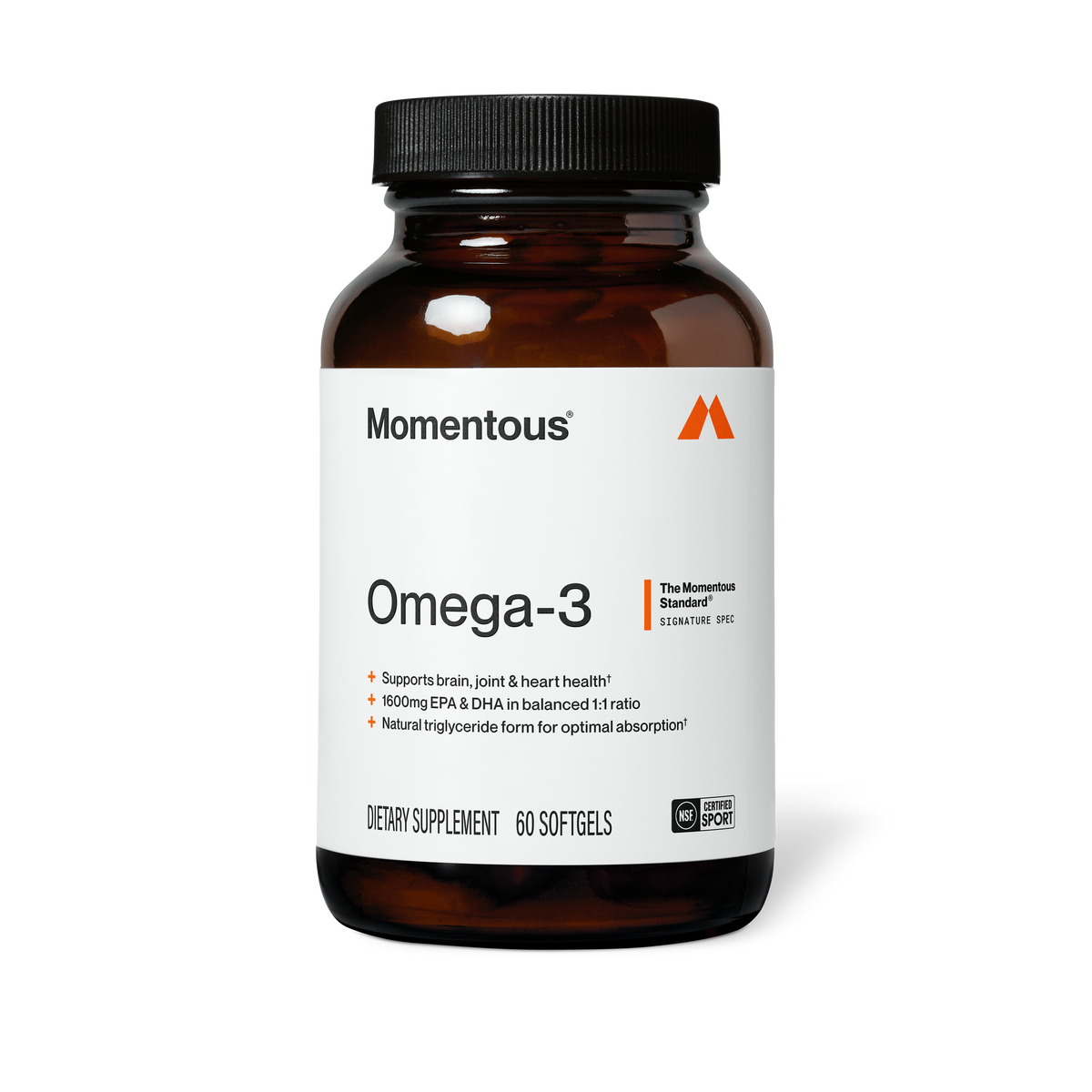 Momentous Omega-3 — Supports brain, joint & heart health, 1600mg EPA & DHA in balanced 1:1 ratio, natural triglyceride form for optimal absorption. Dietary Supplement, 60 Softgels. NSF Certified Sport, The Momentous Standard Signature Spec.