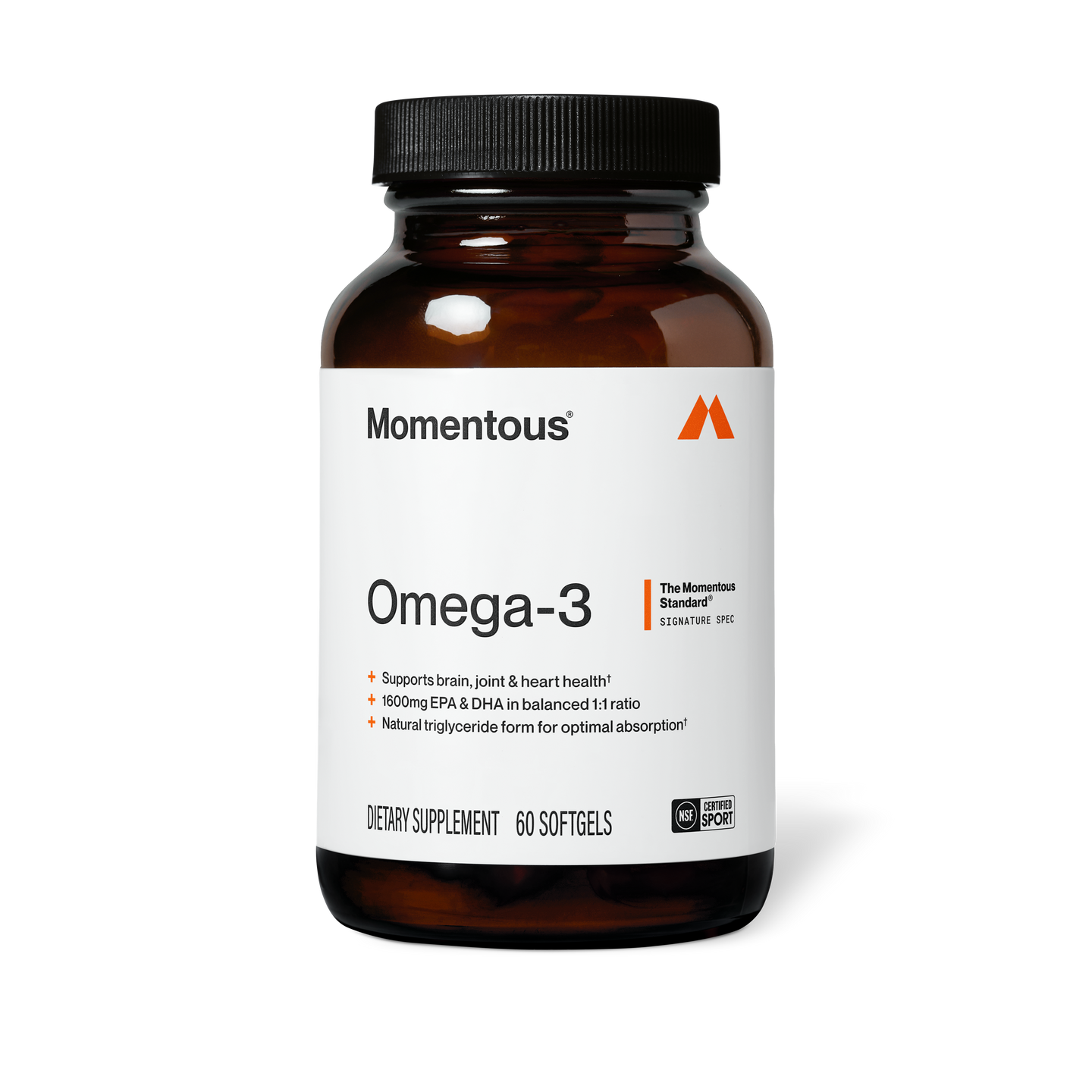 Momentous Omega-3 — Supports brain, joint & heart health, 1600mg EPA & DHA in balanced 1:1 ratio, natural triglyceride form for optimal absorption. Dietary Supplement, 60 Softgels. NSF Certified Sport, The Momentous Standard Signature Spec.