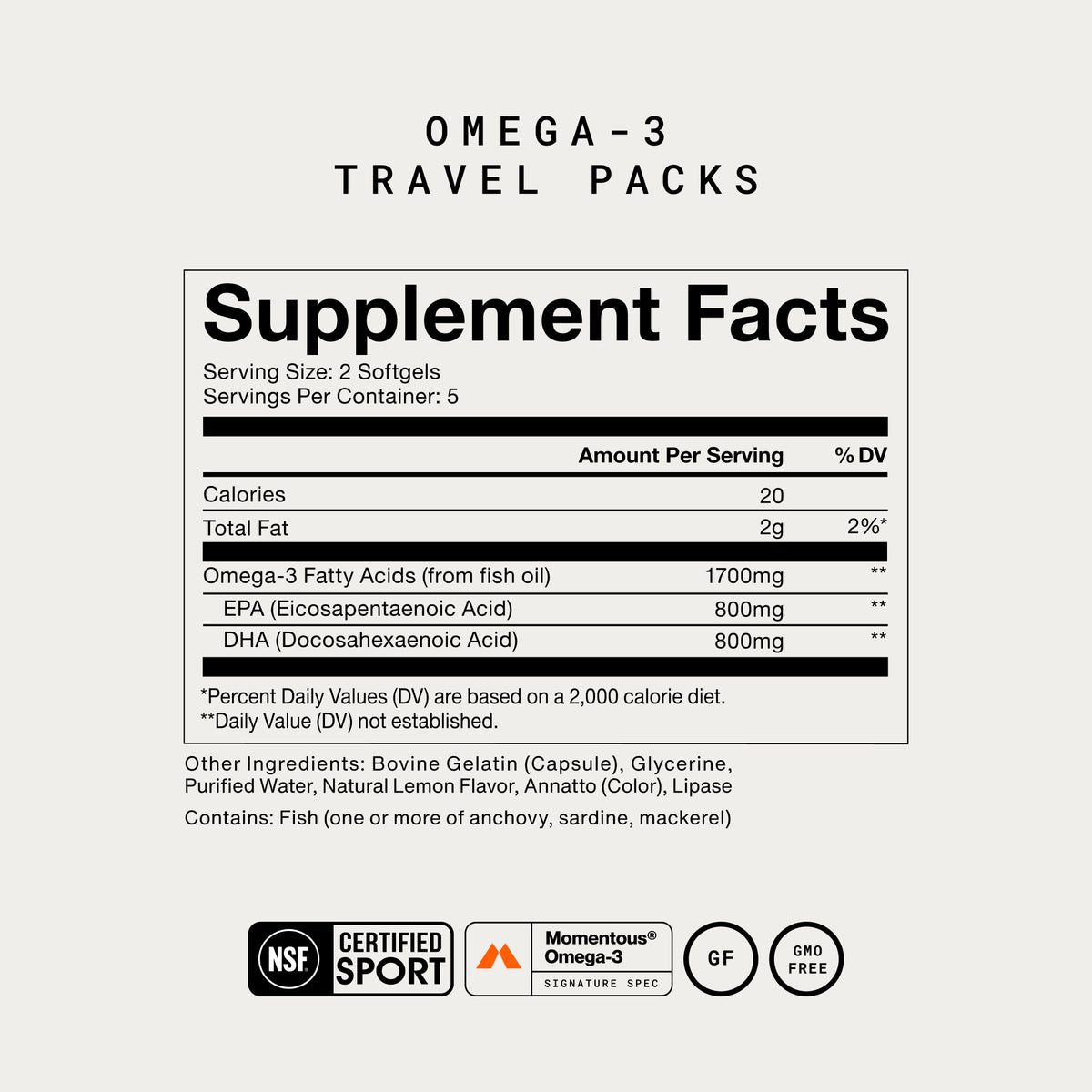 Momentous Omega-3 Travel Packs Supplement Facts, 5 servings, serving size 2 softgels, 20 calories, 2g total fat, omega-3 fatty acids from fish oil 1700mg with 800mg EPA and 800mg DHA, other ingredients bovine gelatin capsule, glycerine, purified water, natural lemon flavor, annatto for color and lipase, contains fish, one or more of anchovy, sardine, mackerel, NSF Certified Sport, Momentous Omega-3 Signature Spec, gluten free, GMO free. (440 chars)