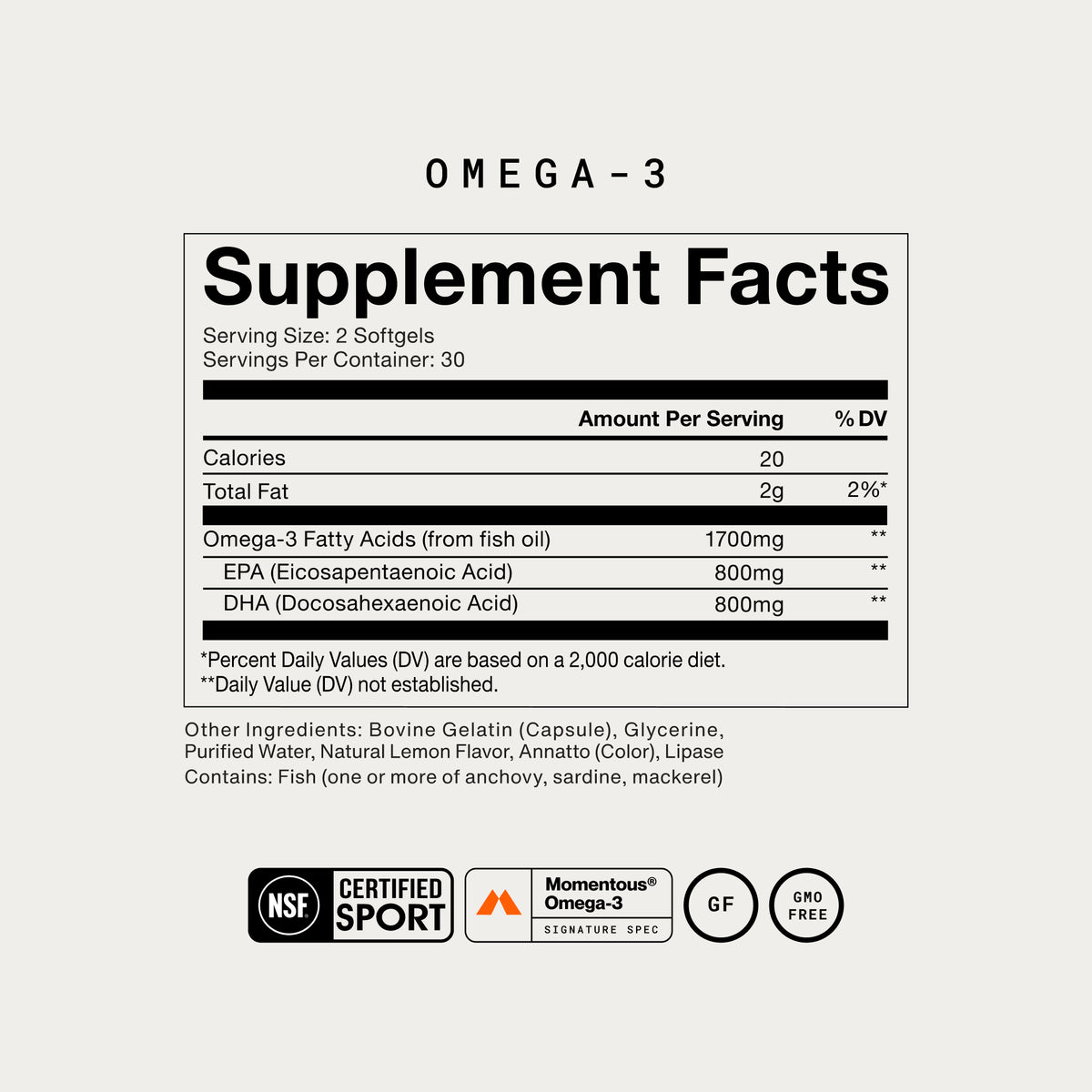 Momentous Omega-3 Supplement Facts, 30 servings, serving size 2 softgels, 20 calories, 2g total fat, omega-3 fatty acids from fish oil 1700mg with 800mg EPA and 800mg DHA, other ingredients bovine gelatin capsule, glycerine, purified water, natural lemon flavor, annatto for color and lipase, contains fish, one or more of anchovy, sardine, mackerel, NSF Certified Sport, Momentous Omega-3 Signature Spec, gluten free, GMO free. (428 chars)