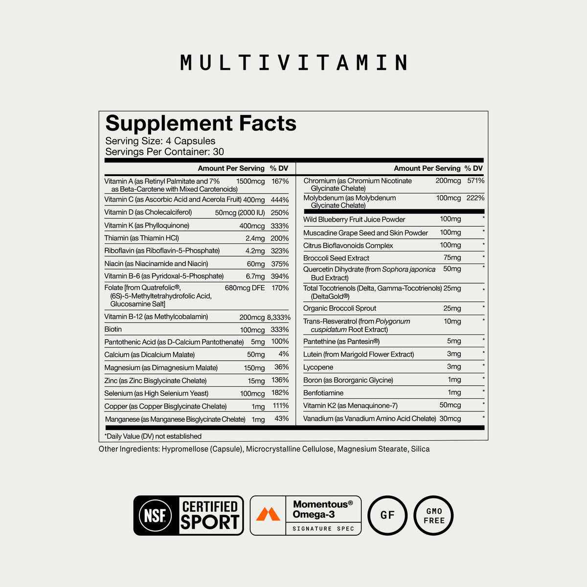 Momentous Multivitamin Supplement Facts, serving size 4 capsules, 30 servings per container: vitamins A 1500mcg, C 400mg, D 50mcg 2000 IU, K 400mcg, K2 50mcg, B-12 200mcg, folate 680mcg DFE, thiamin, riboflavin, niacin, B-6, biotin, calcium, magnesium 150mg, zinc 15mg, selenium, copper, manganese, chromium, molybdenum, boron, plus wild blueberry, muscadine grape, citrus bioflavonoids, broccoli seed and sprout, quercetin, tocotrienols, resveratrol, lutein, lycopene. NSF Certified Sport, GF, GMO free. (504 ch