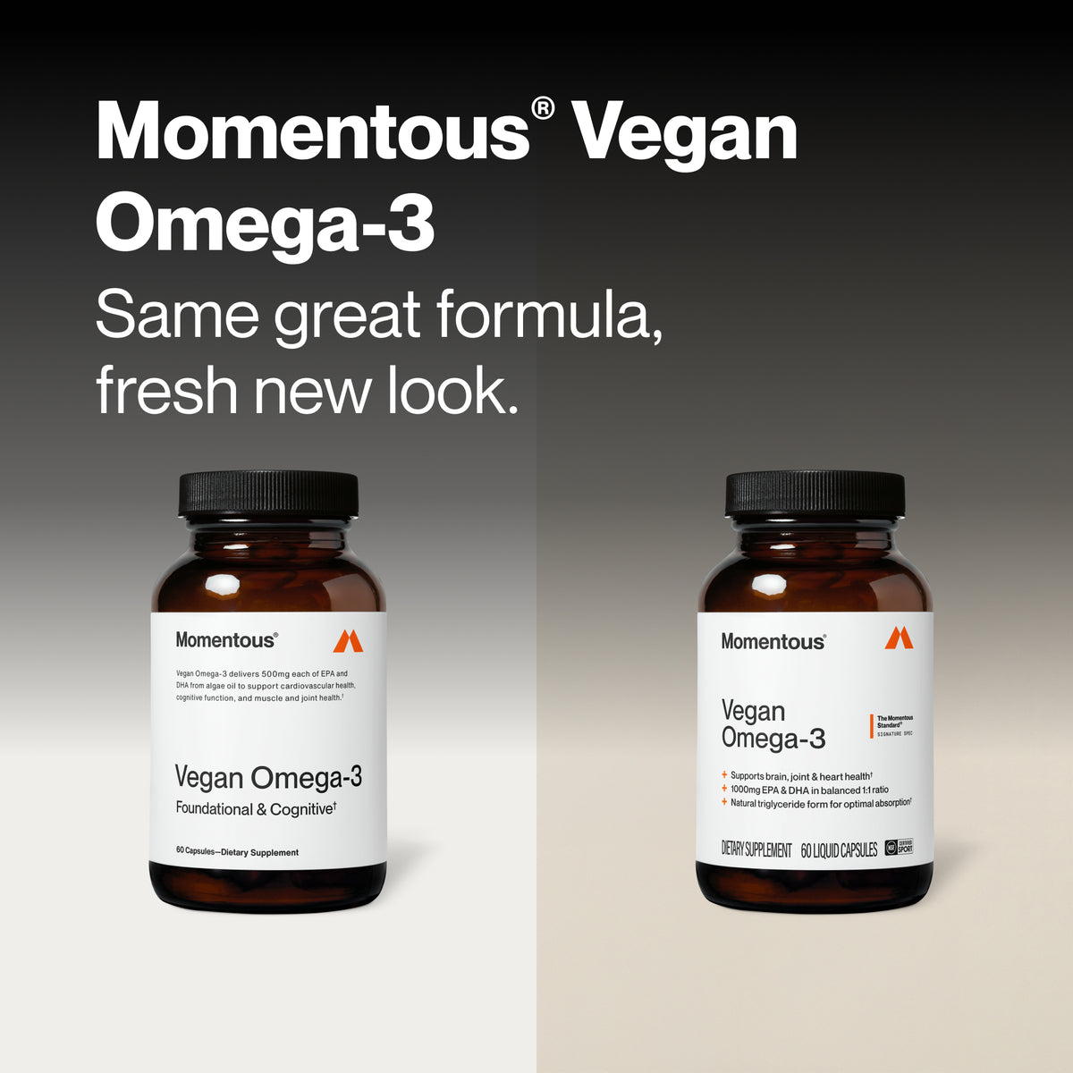 Old and new Momentous Vegan Omega-3 bottles side by side under the headline Momentous Vegan Omega-3, Same great formula, fresh new look, new label reading Vegan Omega-3, Supports brain, joint & heart health, 1000mg EPA & DHA in balanced 1:1 ratio, Natural triglyceride form for optimal absorption, Dietary Supplement, 60 Liquid Capsules, NSF Certified Sport. (373 chars)