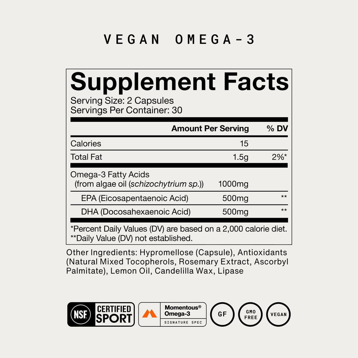 Momentous Vegan Omega-3 Supplement Facts, serving size 2 capsules, 30 servings per container, 15 calories, total fat 1.5g, omega-3 fatty acids from algae oil schizochytrium sp. 1000mg with EPA 500mg and DHA 500mg, NSF Certified Sport, Signature Spec, gluten free, GMO free, vegan. (283 chars)