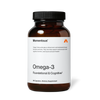A brown glass bottle of Momentous Omega-3 capsules is centered on a white background. Text on the label reads: “Momentous®” “Omega-3 fatty acids play a critical role in cell membranes throughout the brain and body. They can help support cardiovascular health, cognitive function, and muscle and joint health.” “Omega-3” “Foundational & Cognitive†” “60 Capsules—Dietary Supplement”