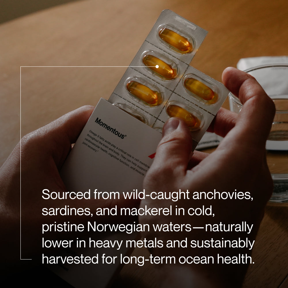 “Sourced from wild-caught anchovies, sardines, and mackerel in cold, pristine Norwegian waters—naturally lower in heavy metals and sustainably harvested for long-term ocean health. Momentous Omega-3 travel packs.”