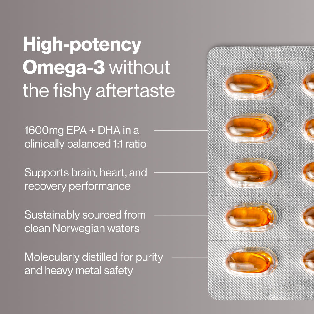 “High-potency Omega-3 without the fishy aftertaste. 1600mg EPA + DHA in a clinically balanced 1:1 ratio. Supports brain, heart, and recovery performance. Sustainably sourced from clean Norwegian waters. Molecularly distilled for purity and heavy metal safety.”