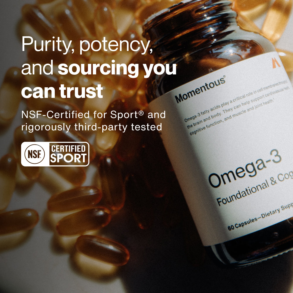 A Momentous Omega-3 bottle lies among scattered amber capsules in a warm-lit setting. Text on the image reads: “Purity, potency, and sourcing you can trust” “NSF-Certified for Sport® and rigorously third-party tested” with NSF Certified for Sport logo.