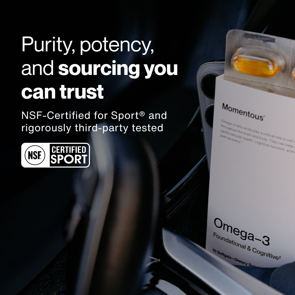 “Purity, potency, and sourcing you can trust. NSF-Certified for Sport and rigorously third-party tested. NSF Certified for Sport logo. Momentous Omega-3 travel packs.”