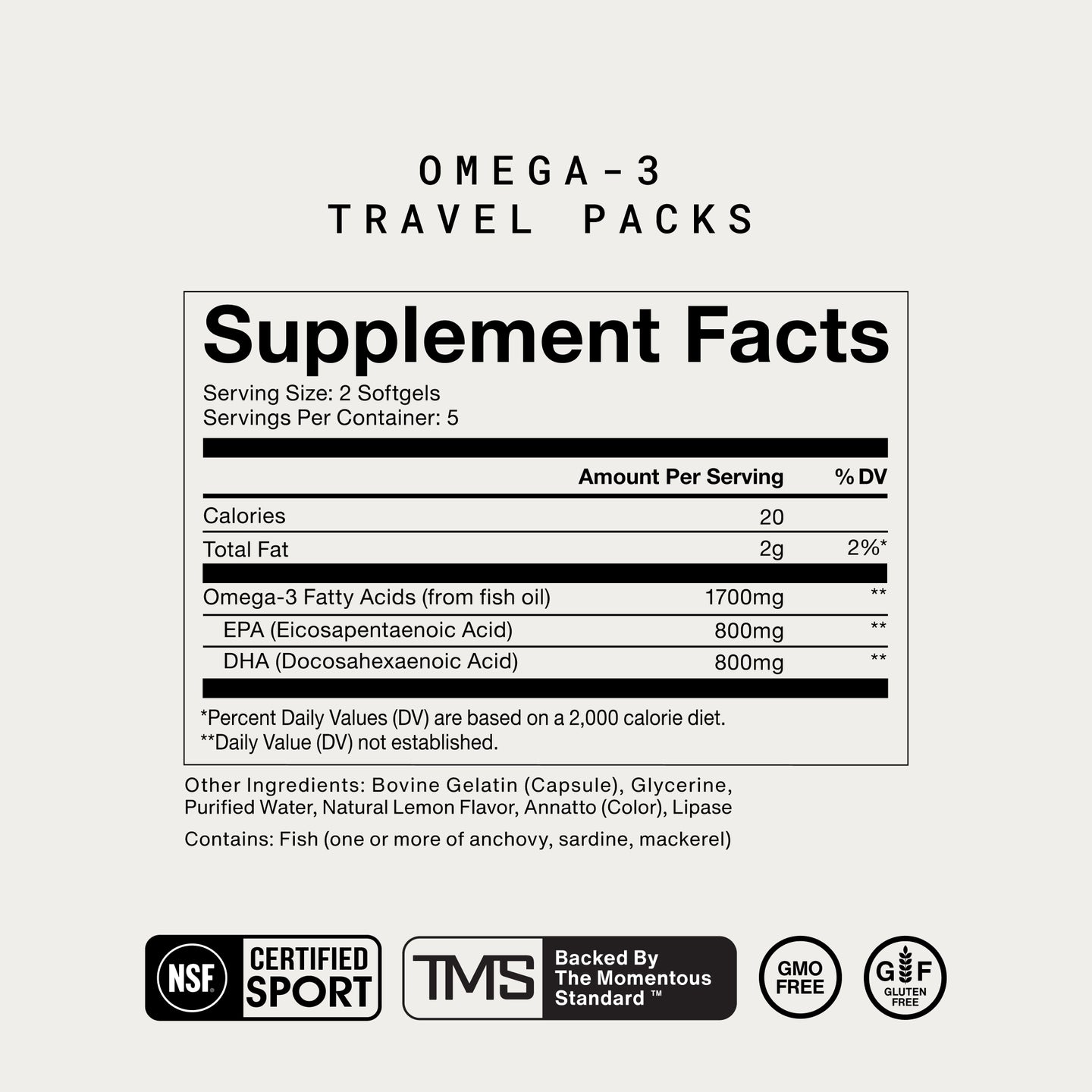 Supplement Facts label for Omega-3 Travel Packs. Serving size: 2 softgels; servings per container: 5. Per serving: 20 calories, Total Fat 2g (2% DV), Omega-3 Fatty Acids from fish oil 1700mg (DV not established), including EPA (Eicosapentaenoic Acid) 800mg and DHA (Docosahexaenoic Acid) 800mg (DV not established for both). Other ingredients: bovine gelatin (capsule), glycerine, purified water, natural lemon flavor, annatto (color), and lipase. Contains fish (one or more of anchovy, sardine, mackerel).
