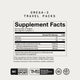 Supplement Facts label for Omega-3 Travel Packs. Serving size: 2 softgels; servings per container: 5. Per serving: 20 calories, Total Fat 2g (2% DV), Omega-3 Fatty Acids from fish oil 1700mg (DV not established), including EPA (Eicosapentaenoic Acid) 800mg and DHA (Docosahexaenoic Acid) 800mg (DV not established for both). Other ingredients: bovine gelatin (capsule), glycerine, purified water, natural lemon flavor, annatto (color), and lipase. Contains fish (one or more of anchovy, sardine, mackerel).