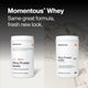 Momentous Whey before-and-after comparison banner, headline 