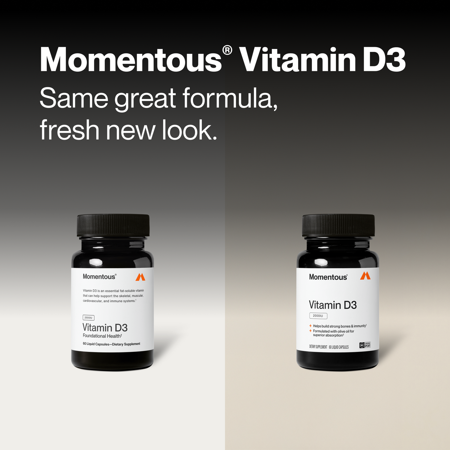Two black bottles side by side against a black-to-white gradient background, split into two panels. Headline text: 
