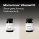 Two black bottles side by side against a black-to-white gradient background, split into two panels. Headline text: 