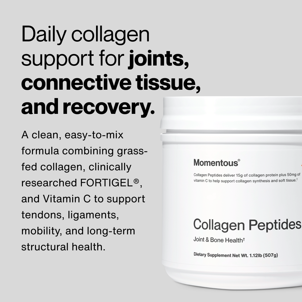 Daily collagen support for joints, connective tissue, and recovery. Clean formula combining grass-fed collagen, FORTIGEL, and Vitamin C for tendons, ligaments, mobility, and structural health. Momentous Collagen Peptides – Joint & Bone Health, 1.12lb (507g).