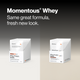 Old and new Momentous Whey Protein Isolate packet boxes side by side, both Chocolate Flavor, 10 packets. Heading: Momentous Whey, same great formula, fresh new look. Previous box reads Whey Protein Isolate, Foundational and Performance, Upgraded Formula, net wt 9.2oz (262g). New box reads Whey Protein Isolate, The Momentous Standard Signature Spec, 20g premium protein from 100% grass-fed whey isolate, no artificial sweeteners, colors or flavors, net wt 9.3oz (264g), NSF Certified for Sport.