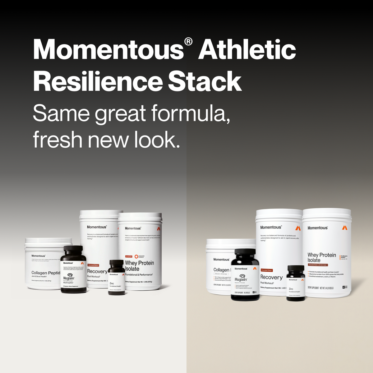 Momentous Athletic Resilience Stack supplement collection showing white containers of Collagen Peptide, Recovery capsules, an