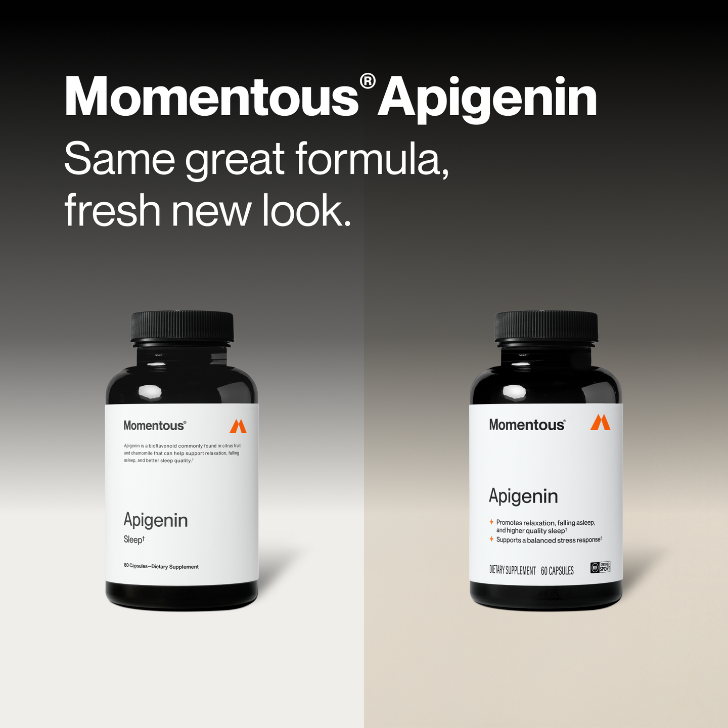 Momentous Apigenin benefits graphic showing how this chamomile-derived flavonoid supports sleep and stress: promotes deeper, more restorative sleep, helps you relax and fall asleep faster, supports a calmer nervous system before bed, and helps ease feelings of stress. A non-sedating nighttime supplement taken 30 to 60 minutes before sleep.