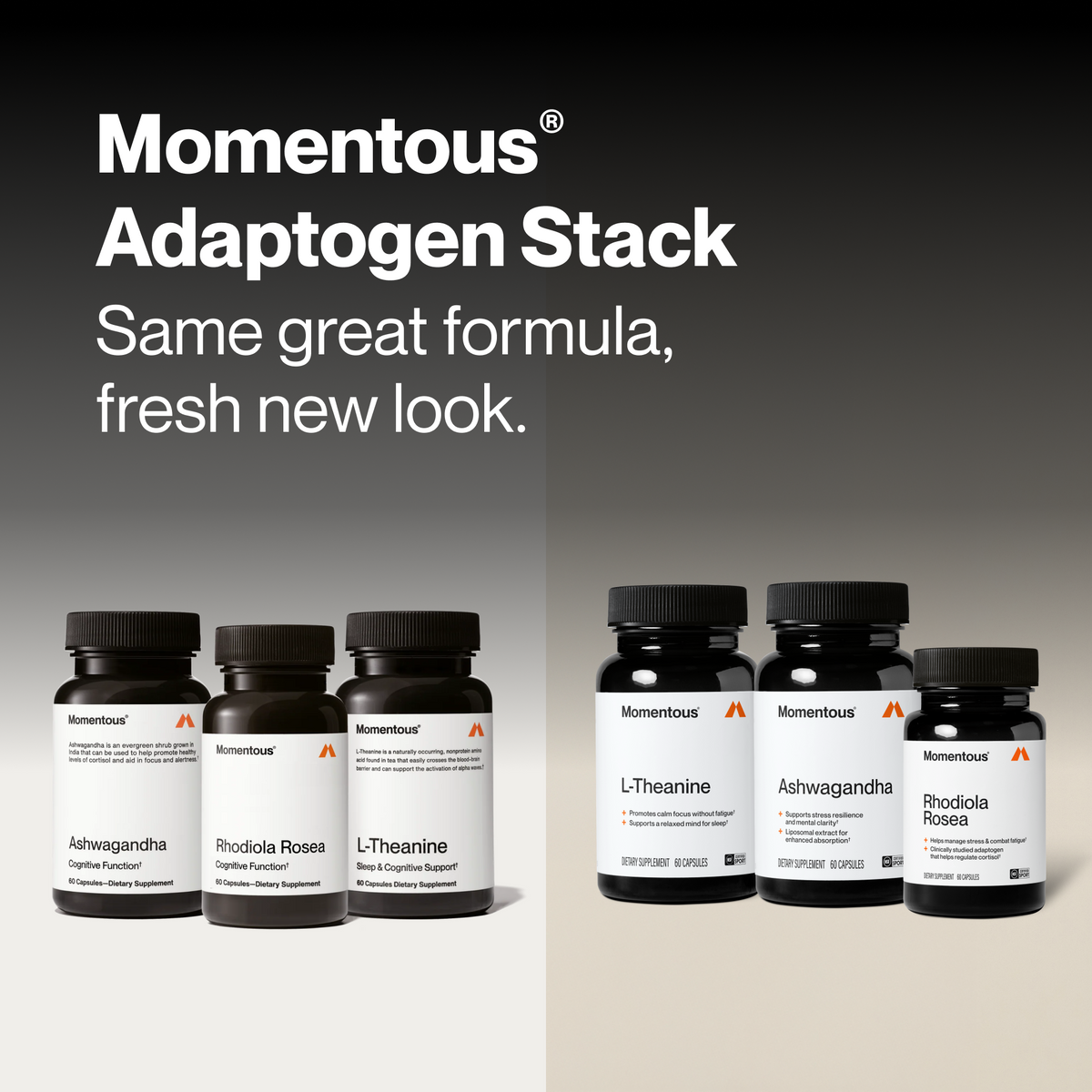 Momentous Adaptogen Stack, same great formula, fresh new look, with the previous packaging on the left labeled Ashwagandha Cognitive Function 60 capsules, Rhodiola Rosea Cognitive Function 60 capsules, and L-Theanine Sleep & Cognitive Support 60 capsules, beside the new packaging on the right for L-Theanine, Ashwagandha, and Rhodiola Rosea, 60 capsules each, NSF Certified Sport. (381 chars)
