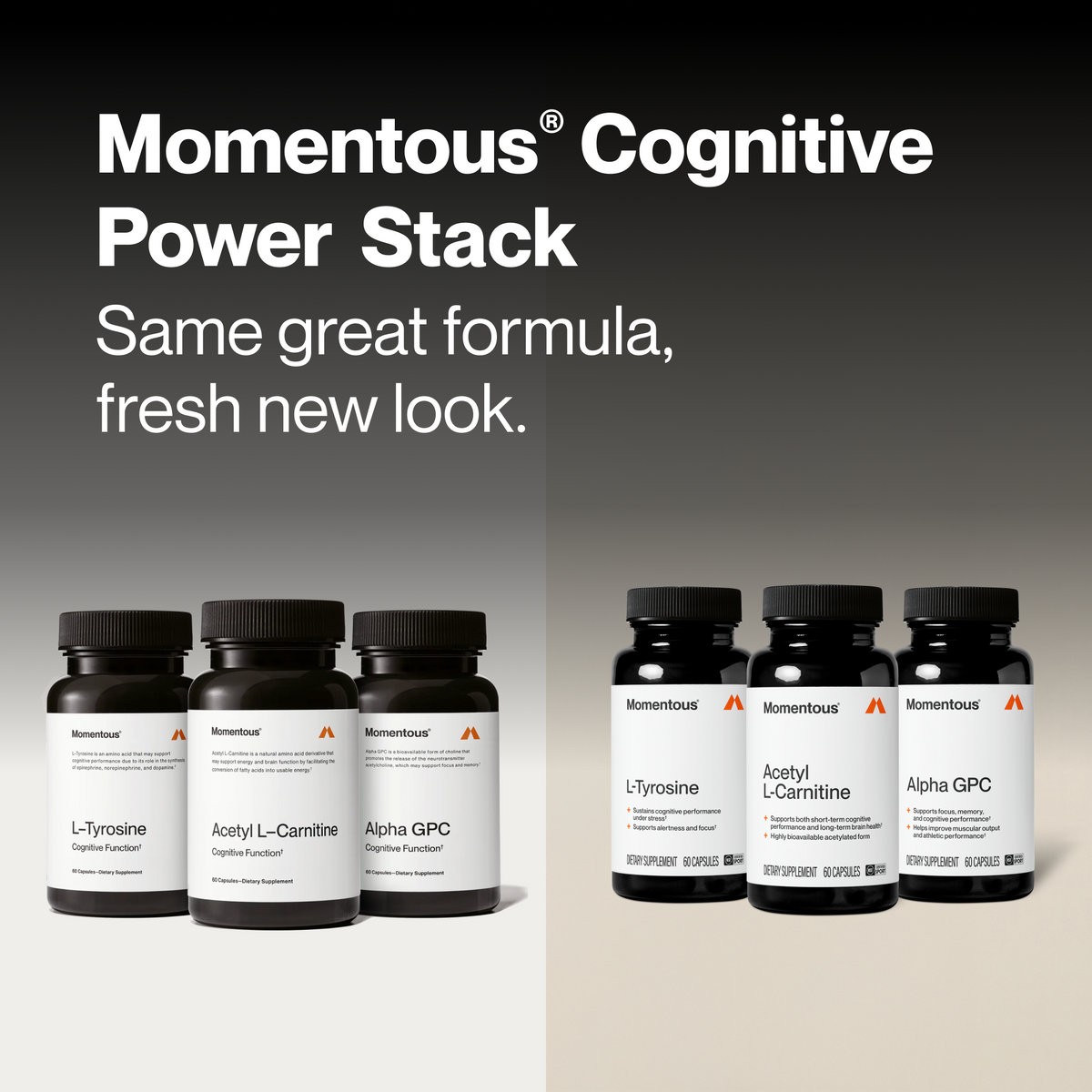 Momentous Cognitive Power Stack, same great formula, fresh new look, with the previous packaging on the left labeled L-Tyrosine Cognitive Function 60 capsules, Acetyl L-Carnitine Cognitive Function 60 capsules, and Alpha GPC Cognitive Function 60 capsules, beside the new packaging on the right for L-Tyrosine, Acetyl L-Carnitine, and Alpha GPC, 60 capsules each, NSF Certified Sport. (384 chars)