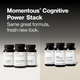 Momentous Cognitive Power Stack, same great formula, fresh new look, with the previous packaging on the left labeled L-Tyrosine Cognitive Function 60 capsules, Acetyl L-Carnitine Cognitive Function 60 capsules, and Alpha GPC Cognitive Function 60 capsules, beside the new packaging on the right for L-Tyrosine, Acetyl L-Carnitine, and Alpha GPC, 60 capsules each, NSF Certified Sport. (384 chars)