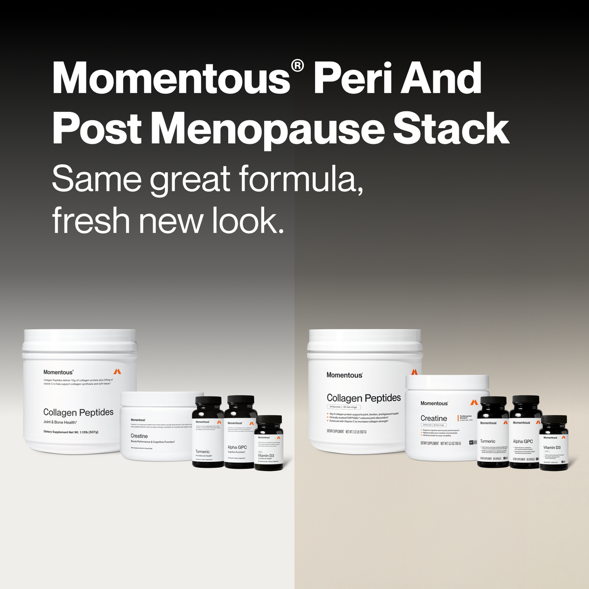 Momentous Peri And Post Menopause Stack, same great formula, fresh new look. Previous packaging at left: Collagen Peptides for joint and bone health, Creatine for muscle performance and cognitive function, Turmeric and Vitamin D3 for foundational health, Alpha GPC for cognitive function. New packaging at right: Collagen Peptides Unflavored 30 servings 1.12 LB 507 G, Creatine Unflavored 30 servings 5.3 OZ 150 G Signature Spec, Turmeric, Alpha GPC, and Vitamin D3. (466 chars)