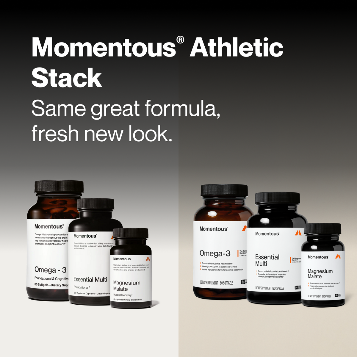 Momentous Athletic Stack, same great formula, fresh new look. Previous packaging at left: Omega-3, Foundational and Cognitive, 60 softgels; Essential Multi, Foundational, 120 vegetarian capsules; Magnesium Malate, Muscle Recovery, 60 capsules. New packaging at right: Omega-3, 60 softgels, brain, joint and heart health, 1600mg EPA and DHA in balanced 1 to 1 ratio; Essential Multi, 120 capsules, daily foundational health; Magnesium Malate, 60 capsules, muscle function and recovery. NSF Certified Sport. (505 c