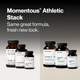 Momentous Athletic Stack, same great formula, fresh new look. Previous packaging at left: Omega-3, Foundational and Cognitive, 60 softgels; Essential Multi, Foundational, 120 vegetarian capsules; Magnesium Malate, Muscle Recovery, 60 capsules. New packaging at right: Omega-3, 60 softgels, brain, joint and heart health, 1600mg EPA and DHA in balanced 1 to 1 ratio; Essential Multi, 120 capsules, daily foundational health; Magnesium Malate, 60 capsules, muscle function and recovery. NSF Certified Sport. (505 c