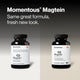 Momentous Magtein rebrand comparison: old and new packaging side by side on a light background. Headline reads: Same great formula, fresh new look. Both bottles feature Magnesium L-Threonate, 90 capsules, dietary supplement labeling.