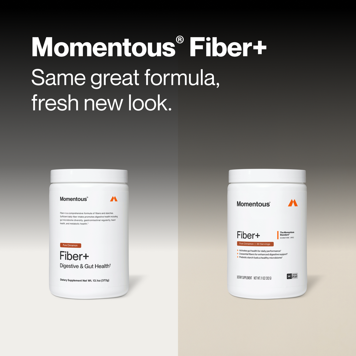 Two white cylindrical containers of Momentous Fiber+ dietary supplement powder displayed side by side.