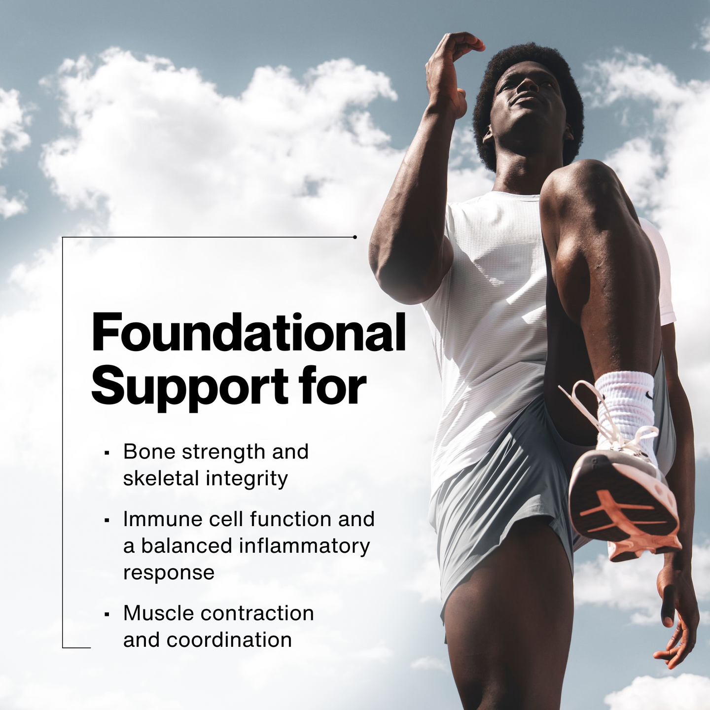 Photo of a male athlete in a white tank top stretching his leg upward against a cloudy blue sky. Text: 