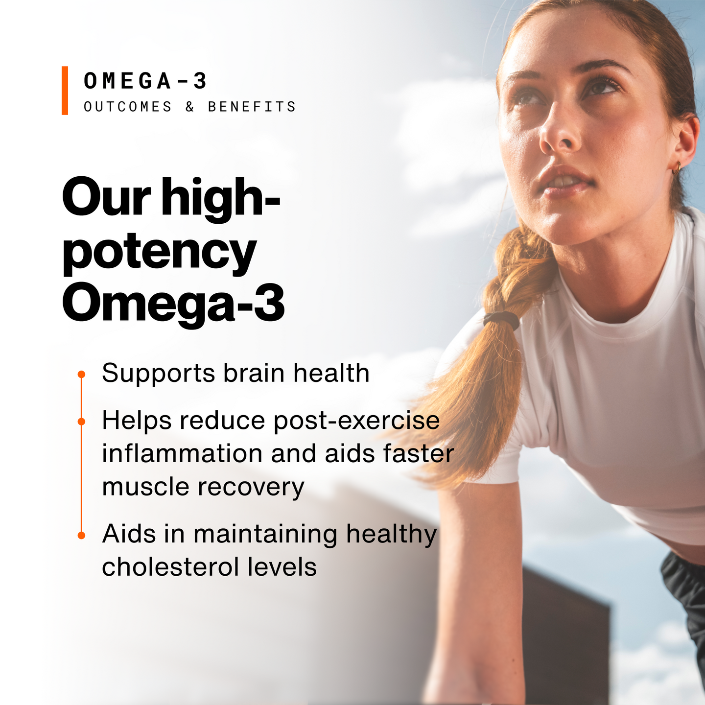 Woman in white t-shirt with text describing Omega-3 supplement benefits including brain health and muscle recovery.