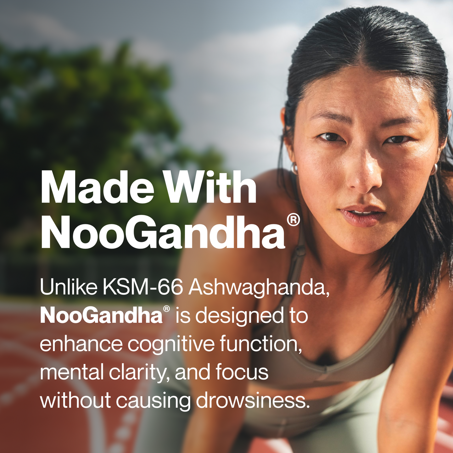 Runner crouched at a track starting line, with text explaining that Momentous Ashwagandha is made with NooGandha, designed to support cognitive function, mental clarity and focus without causing drowsiness, unlike KSM-66 ashwagandha