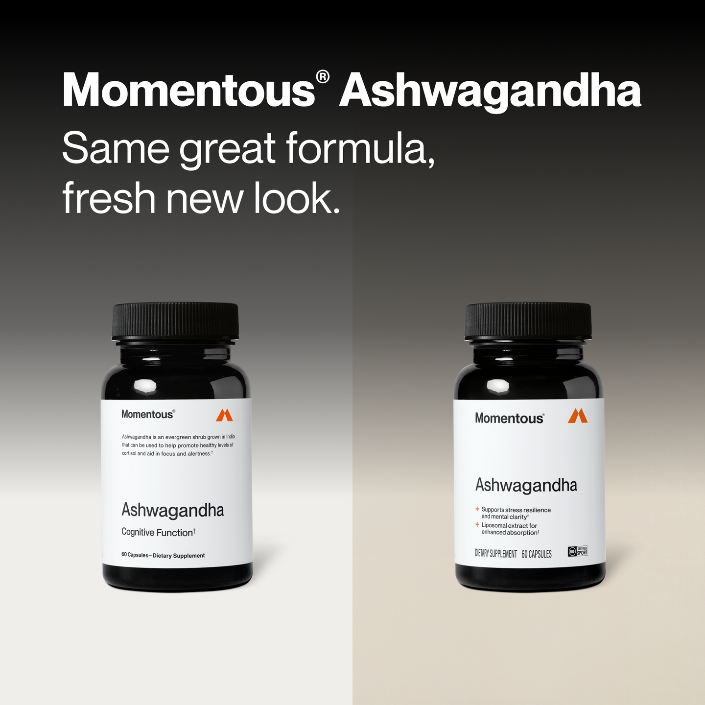 Momentous Ashwagandha packaging update: the previous bottle label shown beside the new label, with the text 