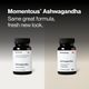 Momentous Ashwagandha packaging update: the previous bottle label shown beside the new label, with the text 