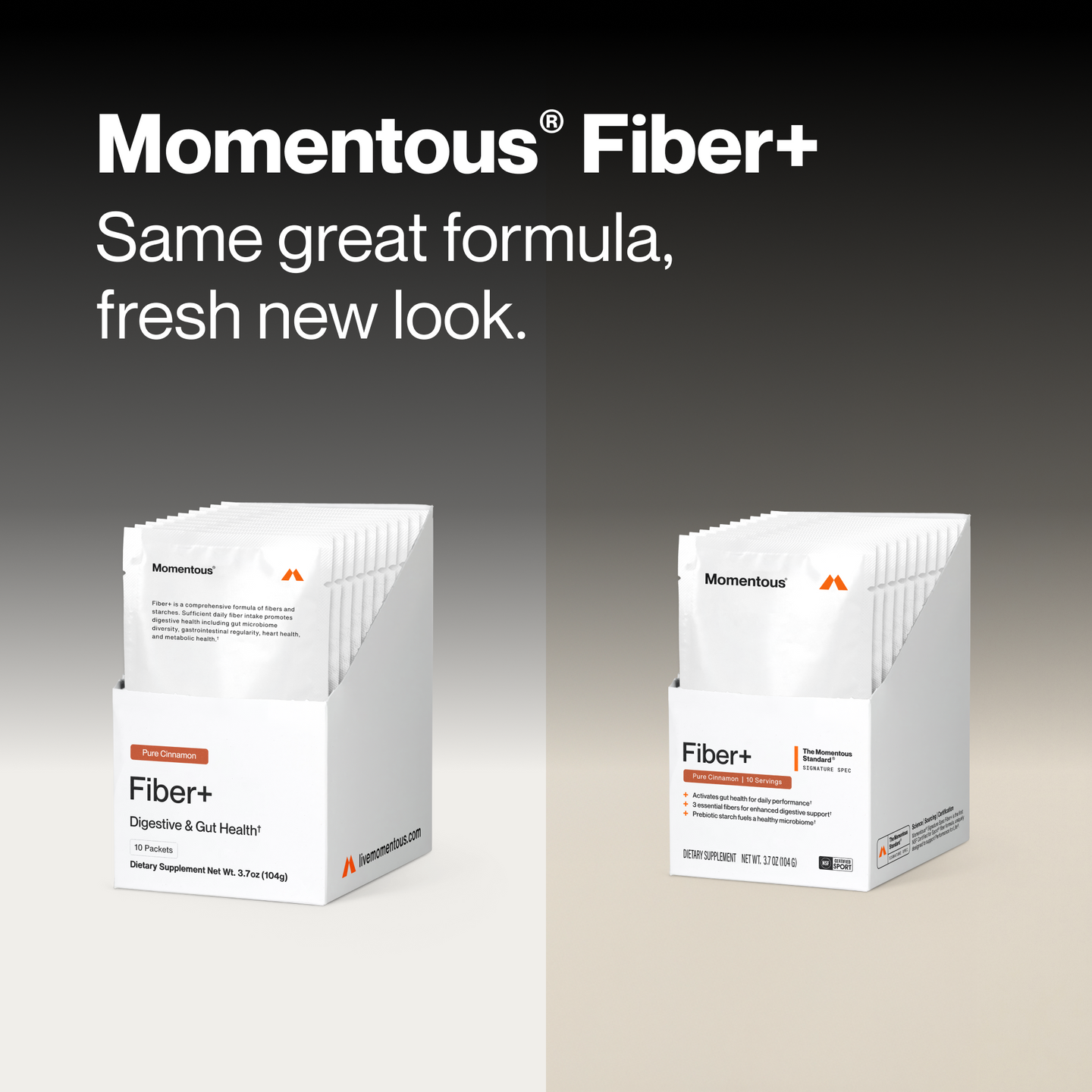 Two white boxes of Momentous Fiber+ travel packets displayed side by side showing old and new packaging designs.