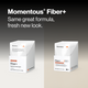 Two white boxes of Momentous Fiber+ travel packets displayed side by side showing old and new packaging designs.