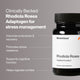 Alt text: A black bottle of Momentous Rhodiola Rosea supplement appears on the right against a light background, with benefit callouts on the left. Text reads: “Clinically Backed Rhodiola Rosea Adaptogen for stress management” “Improves endurance & recovery” “Promotes stress resilience” “Supports cognitive function” “Helps regulate cortisol.” Bottle label reads: “Momentous®” “Rhodiola Rosea” “Cognitive Function†” “60 Capsules—Dietary Supplement.”