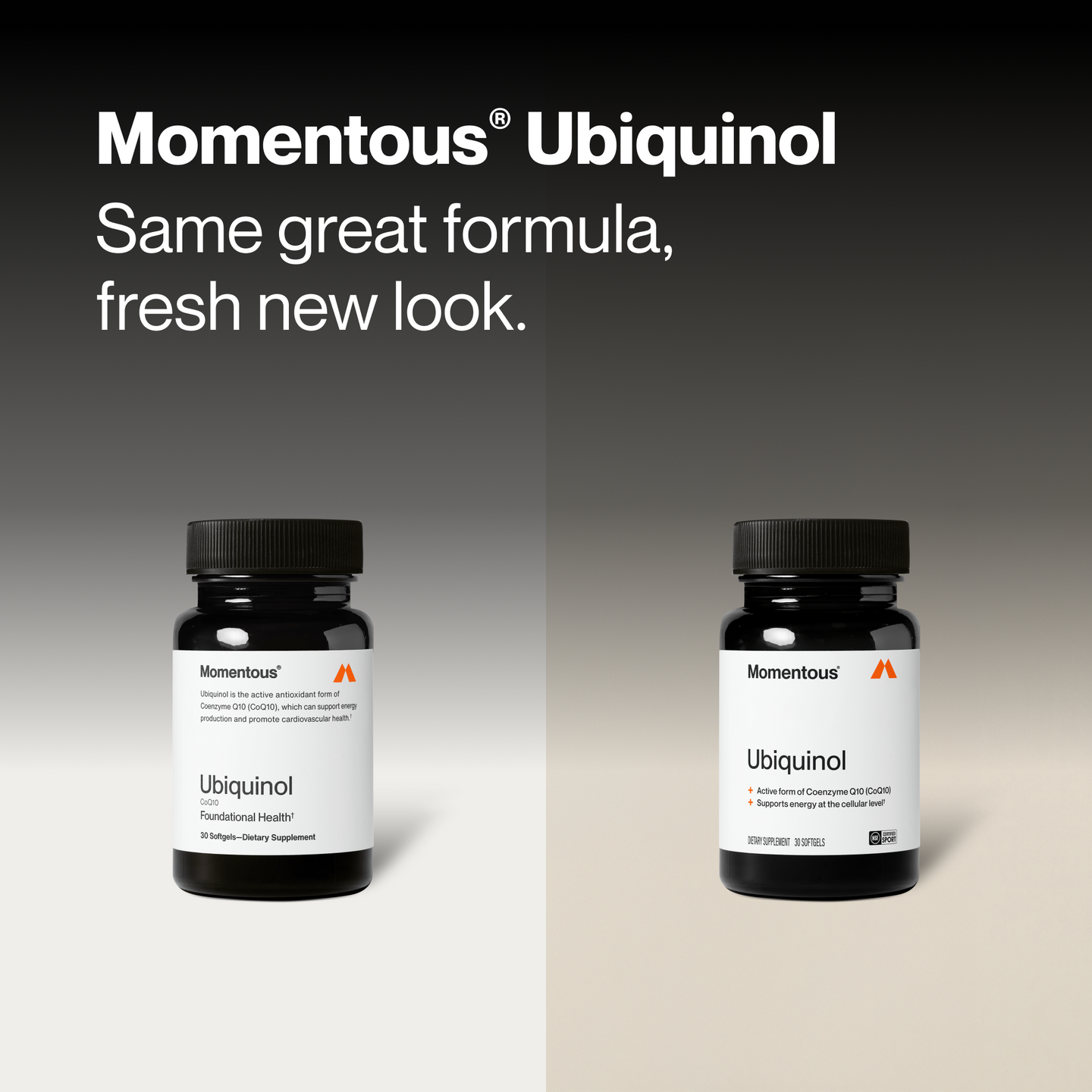 Black Momentous Ubiquinol bottle against a blurred green leafy background. Text: Ubiquinol, Outcomes & Benefits, Formulated for Superior Bioavailability, Kaneka Ubiquinol is the only bioidentical Ubiquinol on the market, Delivers 2x more absorption than traditional CoQ10. Bottle label: Momentous, Ubiquinol, Active form of Coenzyme Q10, Supports energy at the cellular level, Dietary Supplement, 30 Softgels.