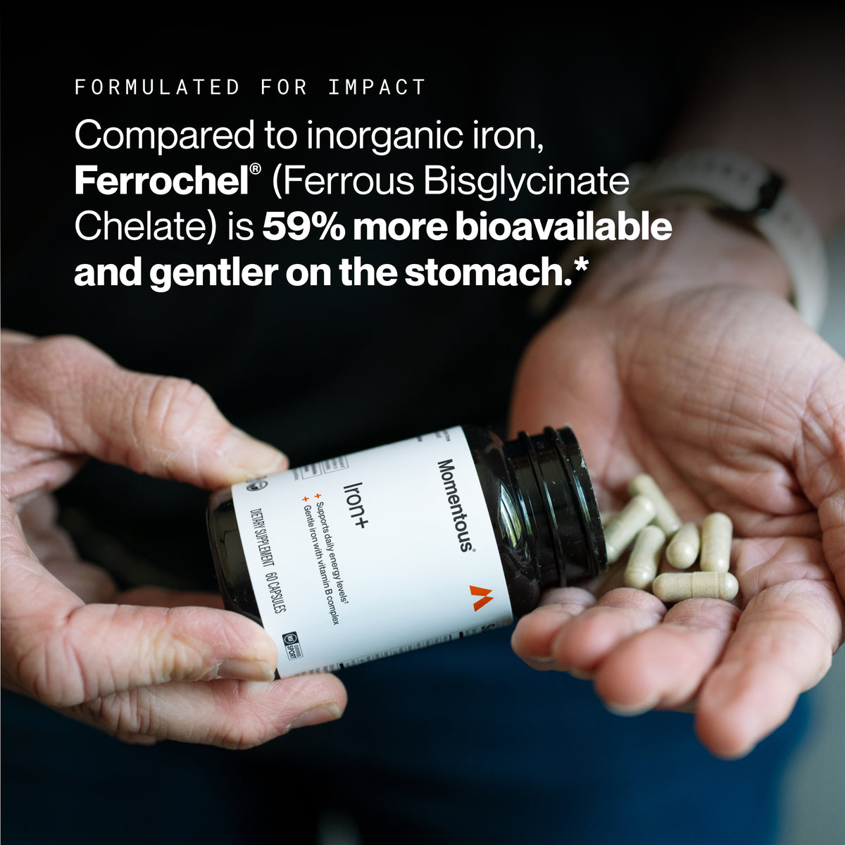 Ferrochel bioavailability claim:
Formulated for Impact. Compared to inorganic iron, Ferrochel (Ferrous Bisglycinate Chelate) is 59% more bioavailable and gentler on the stomach.