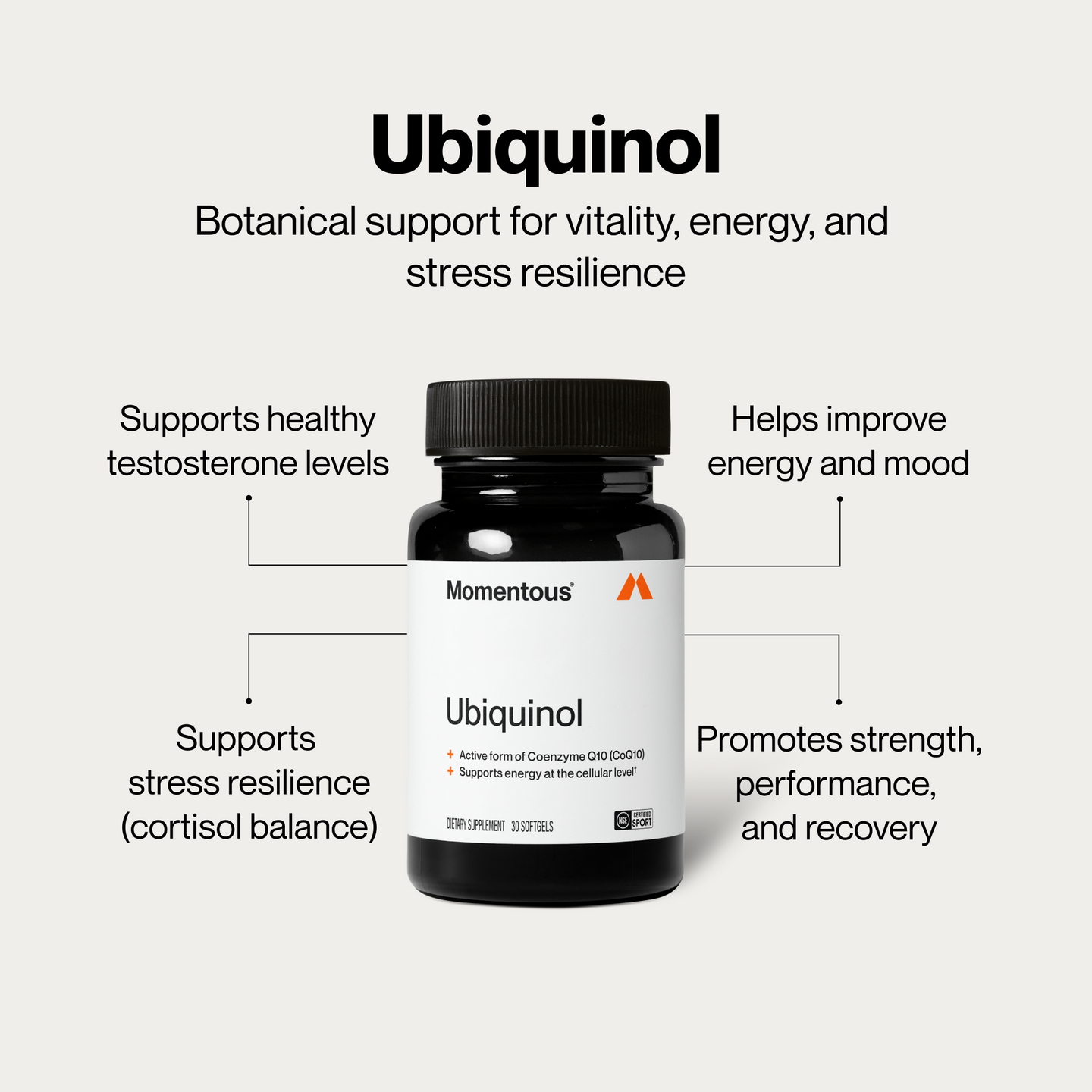 Same two Momentous Ubiquinol bottles as the light-gray comparison image, set against a black-to-white gradient split background. Text: Momentous Ubiquinol, Same great formula, fresh new look. Left label: Foundational Health, CoQ10, 30 Softgels. Right label: Active form of Coenzyme Q10 (CoQ10), Supports energy at the cellular level, Dietary Supplement, 30 Softgels, NSF Certified Sport badge.