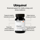 Same two Momentous Ubiquinol bottles as the light-gray comparison image, set against a black-to-white gradient split background. Text: Momentous Ubiquinol, Same great formula, fresh new look. Left label: Foundational Health, CoQ10, 30 Softgels. Right label: Active form of Coenzyme Q10 (CoQ10), Supports energy at the cellular level, Dietary Supplement, 30 Softgels, NSF Certified Sport badge.