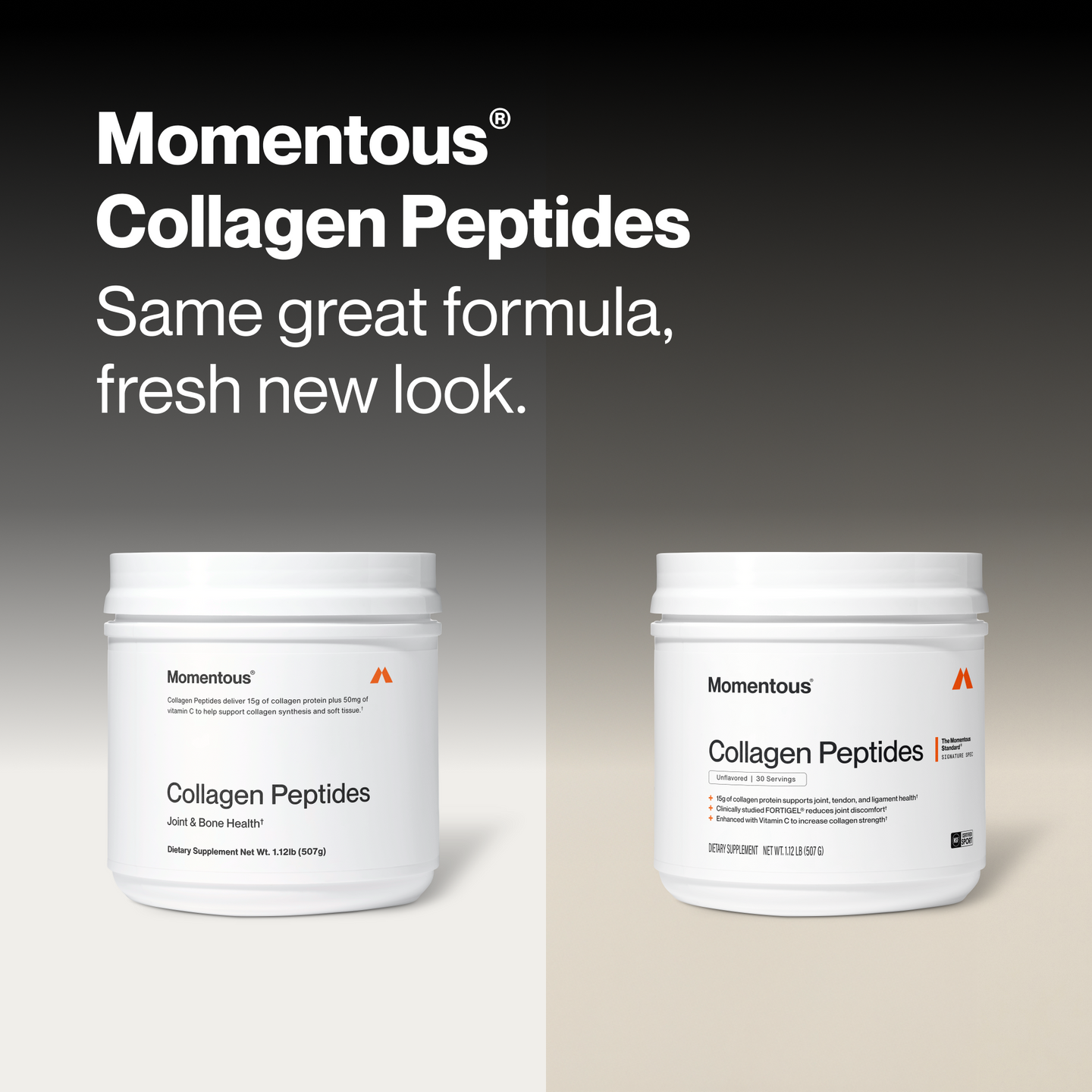 Two white Momentous Collagen Peptides tubs on a black-to-white gradient background, old label (left) next to new label (right). Text: Momentous Collagen Peptides, Same great formula, fresh new look. Left label: Collagen Peptides, Joint & Bone Health, Dietary Supplement Net Wt. 1.12lb (507g). Right label: Collagen Peptides, Unflavored, 30 Servings, 15g of collagen protein supports joint, tendon, and ligament health, NSF Certified Sport badge.