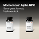 Momentous Alpha GPC packaging comparison showing the previous label next to the new label — same formula, new look.