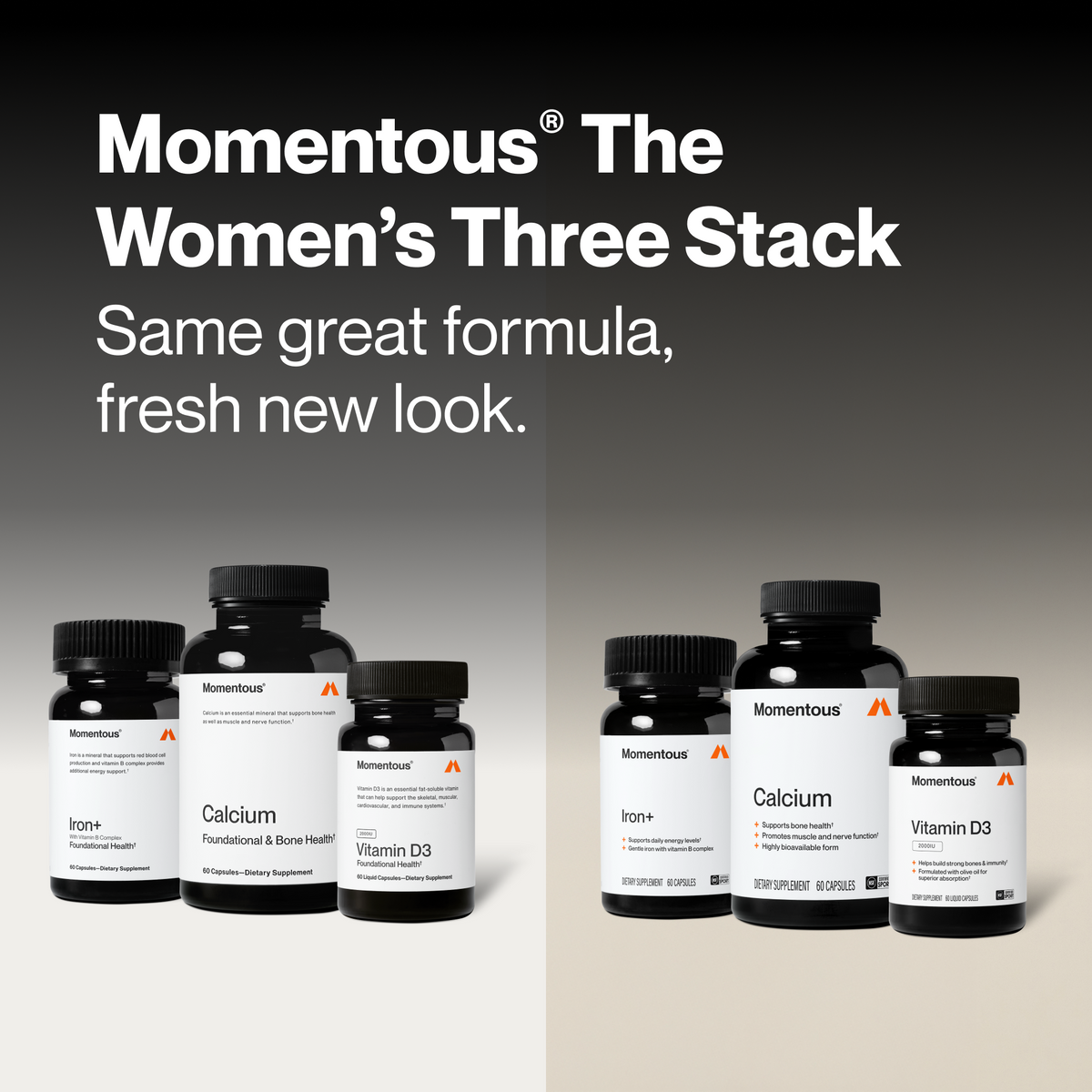 Momentous The Women's Three Stack, same great formula, fresh new look, with the previous packaging on the left labeled Iron+ With Vitamin B Complex Foundational Health 60 capsules, Calcium Foundational & Bone Health 60 capsules, and Vitamin D3 2000IU Foundational Health 60 liquid capsules, beside the new packaging on the right for Iron+ 60 capsules, Calcium 60 capsules, and Vitamin D3 2000IU 60 liquid capsules. (414 chars)
