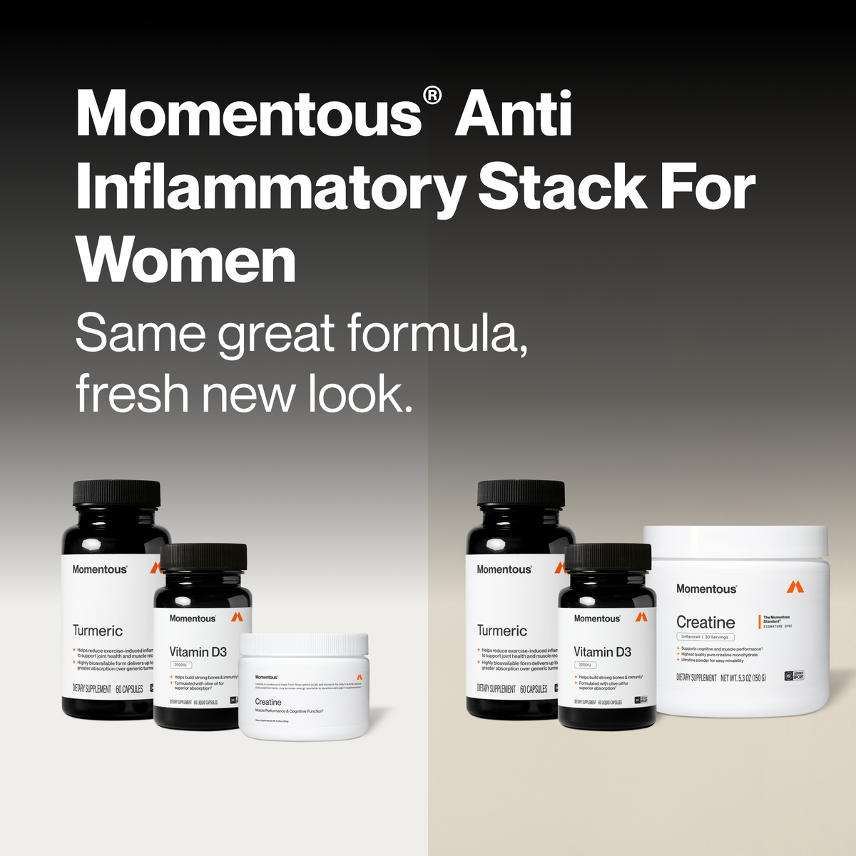 Momentous Anti Inflammatory Stack For Women, same great formula, fresh new look, with the previous packaging on the left labeled Turmeric 60 capsules, Vitamin D3 2000IU 60 liquid capsules, and Creatine Muscle Performance & Cognitive Function net wt 5.29oz 150g, beside the new packaging on the right for Turmeric 60 capsules, Vitamin D3 2000IU 60 liquid capsules, and Creatine unflavored 30 servings net wt 5.3 oz 150g. (419 chars)