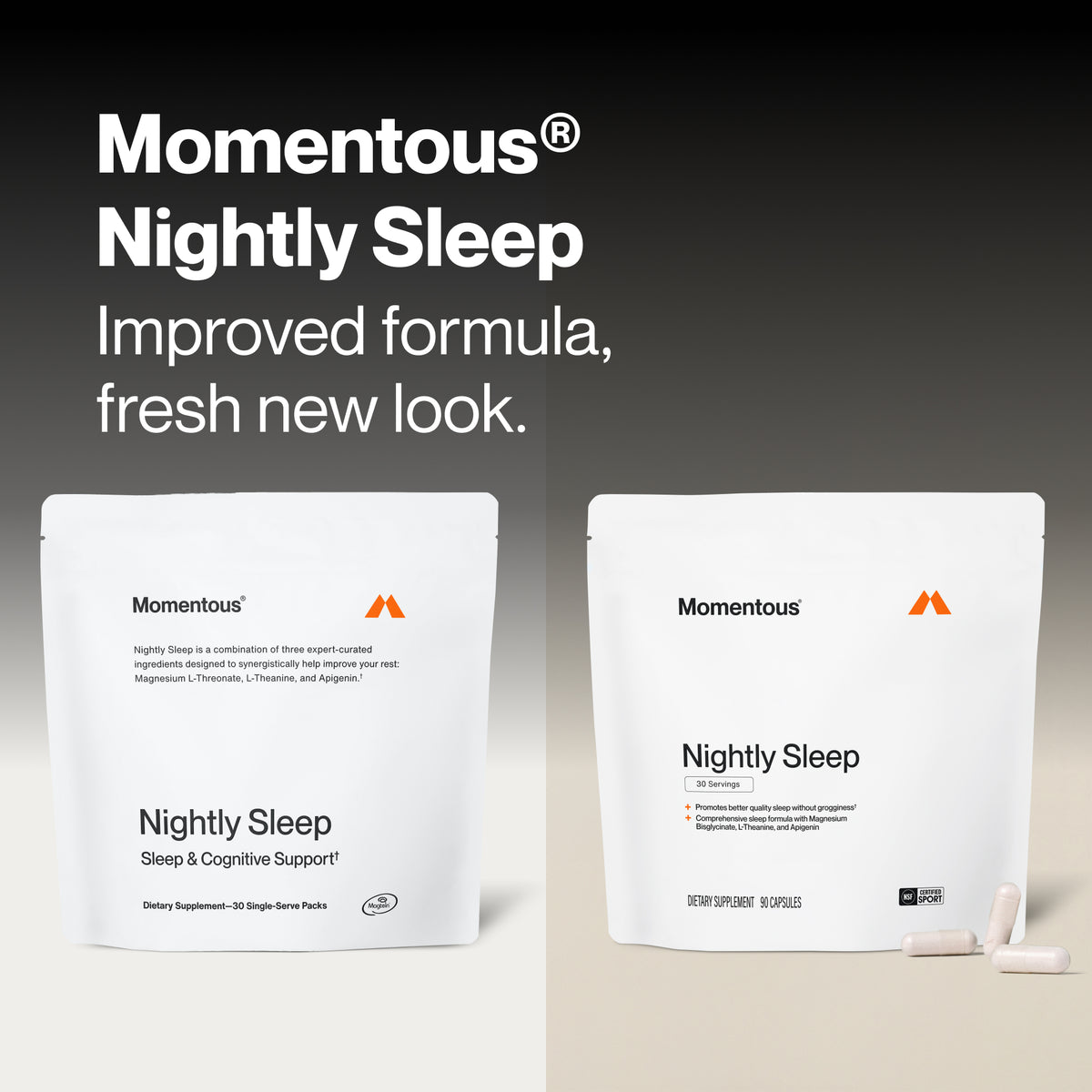 Momentous Nightly Sleep improved formula, fresh new look: the previous pouch with Magnesium L-Threonate, L-Theanine, and Apigenin, Sleep & Cognitive Support, 30 single-serve packs and Magtein, beside the new 30-serving 90-capsule pouch with Magnesium Bisglycinate, L-Theanine, and Apigenin, NSF Certified Sport. (309 chars)