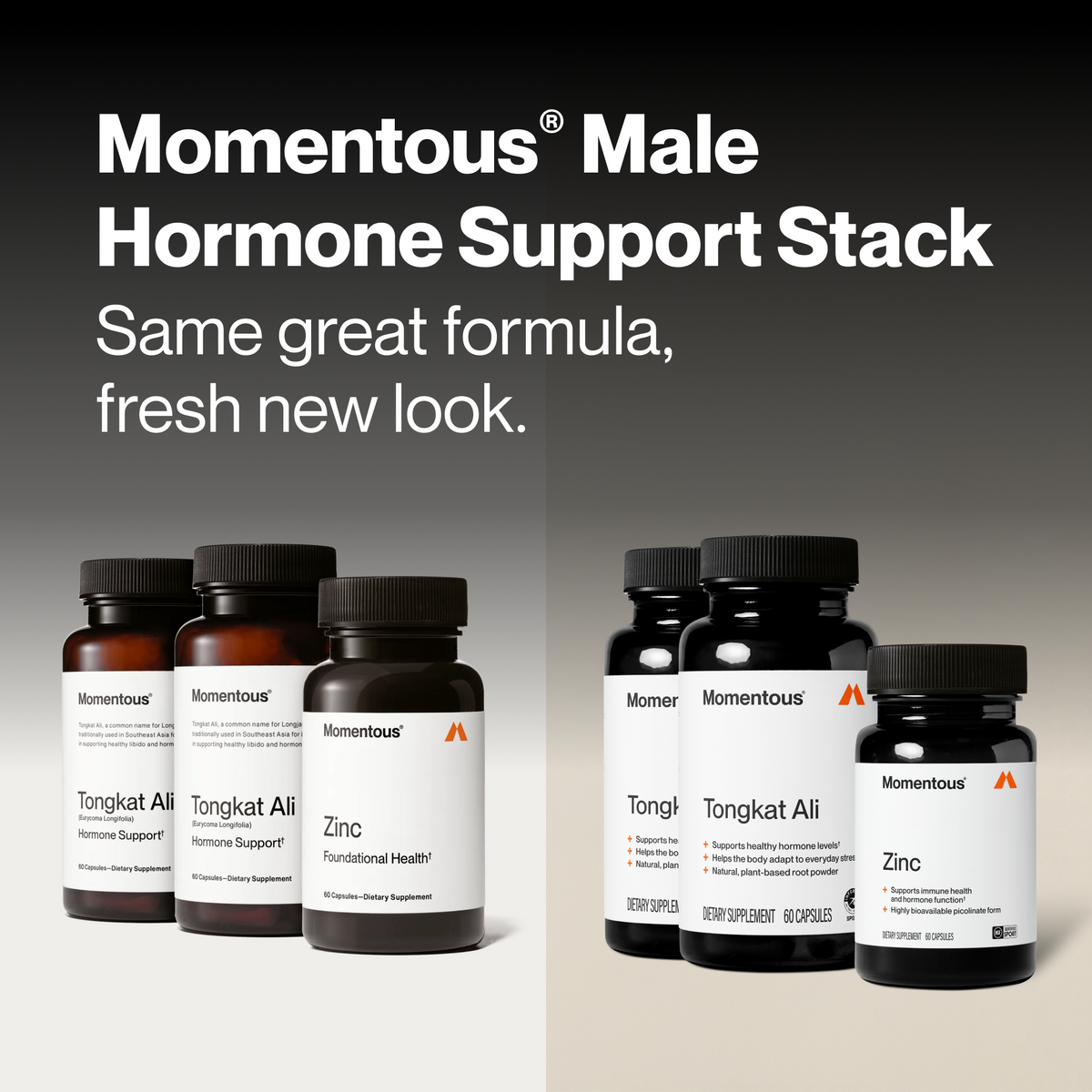 Momentous Male Hormone Support Stack, same great formula, fresh new look. Previous packaging at left: two Tongkat Ali bottles, Eurycoma Longifolia, Hormone Support, 60 capsules; Zinc, Foundational Health, 60 capsules. New packaging at right: Tongkat Ali, 60 capsules, supports healthy hormone levels, helps the body adapt to everyday stress, natural, plant-based root powder; Zinc, 60 capsules, immune health and hormone function, highly bioavailable picolinate form. (467 chars)