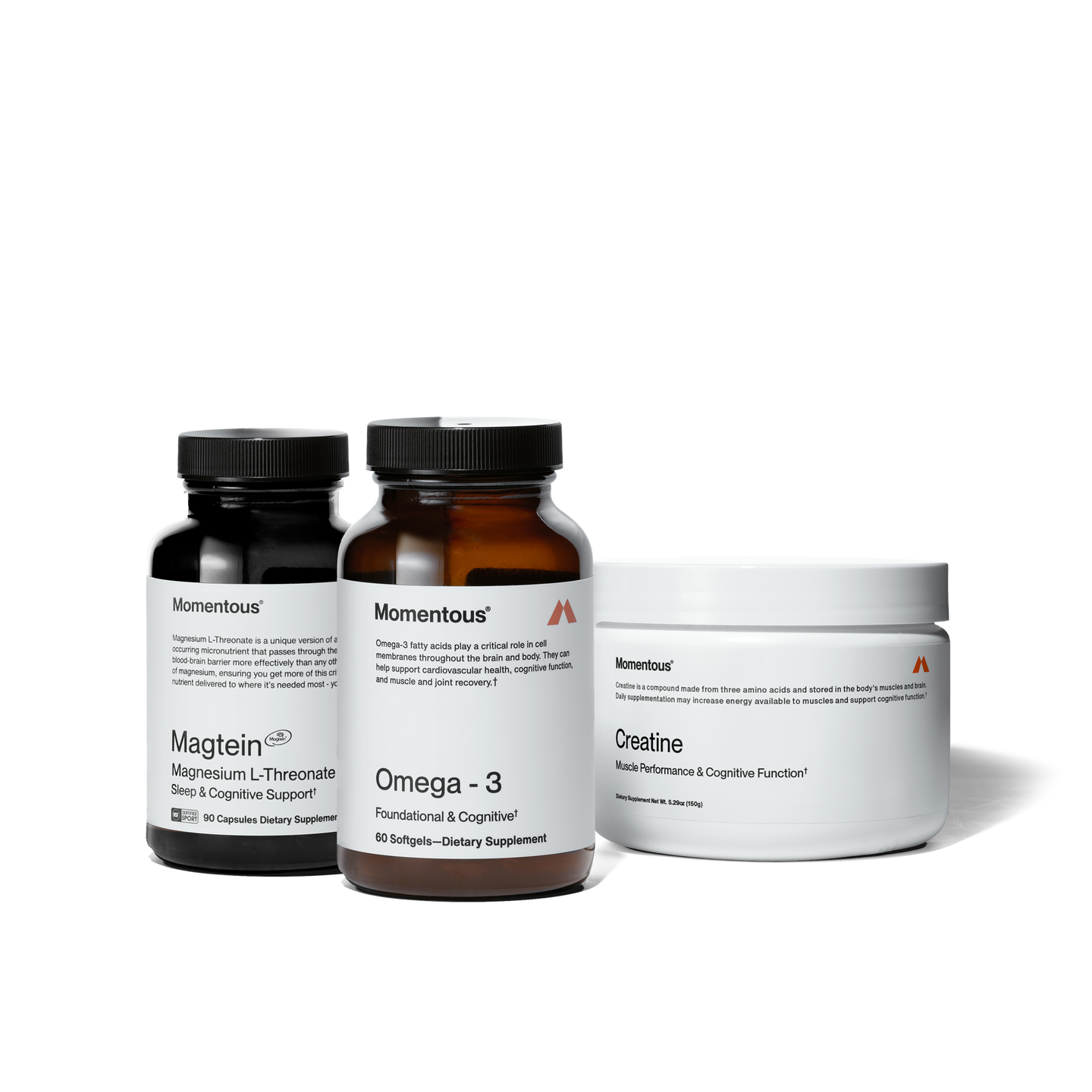 Pump Club's Brain Protection Stack which includes a bottle of Magnesium L-Threonate, a bottle of Omega-3, and a 30 serving jar of creatine.