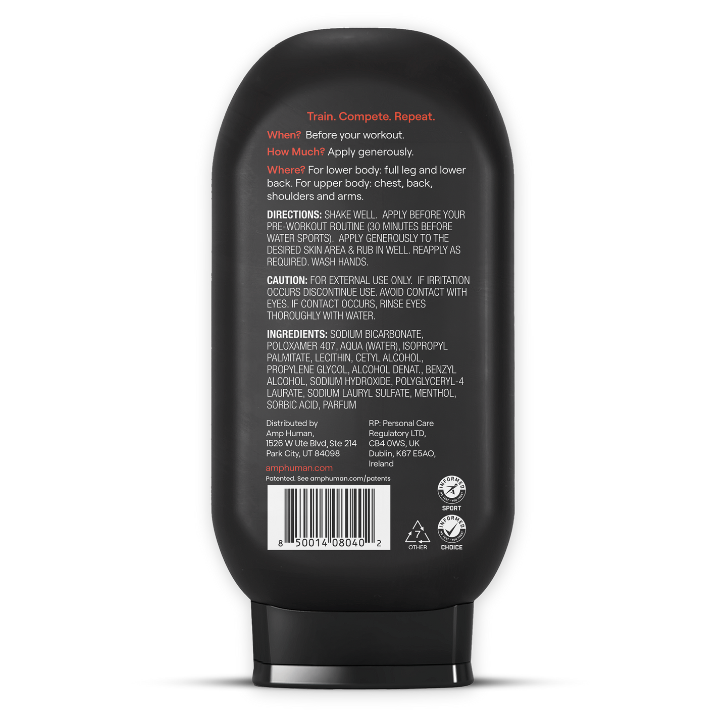 Back of a black Amp Human PR Lotion bottle showing usage instructions, directions, caution, ingredient list, distributor information, barcode, and certification icons.
