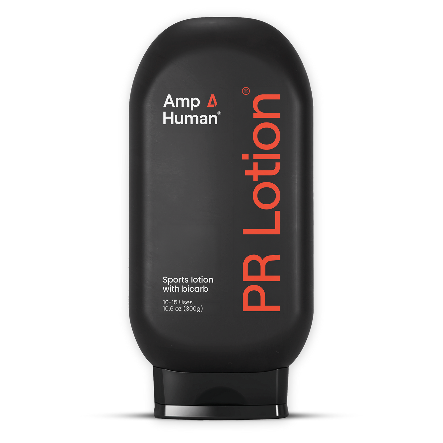Black squeeze bottle of Amp Human PR Lotion sports lotion with bicarbonate. The front label shows the Amp Human logo and large vertical orange text reading “PR Lotion,” with smaller text noting “Sports lotion with bicarb,” 10–15 uses, 10.6 oz (300 g).